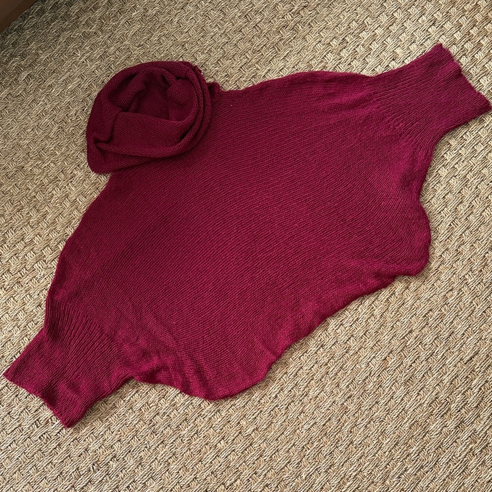 Open Size Mohair Wool Blend Cropped Turtleneck Burgundy Women's Sweater